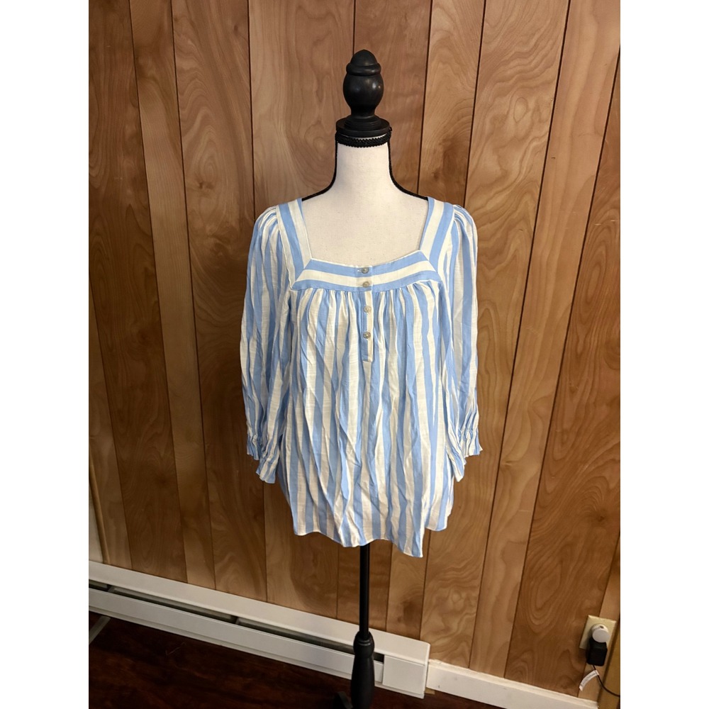 LC Lauren Conrad Blue White Striped Square Neck Blouse Smocked Cuff Small